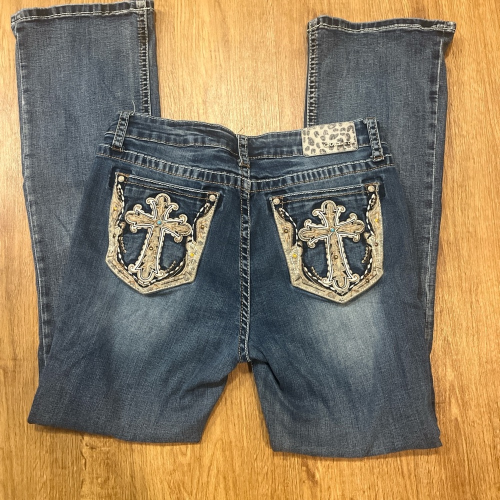 Grace in LA Blue Boot Cut Jeans with Rhinestone Embellishments